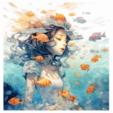 watercolor, hyper realistic, white background, white margins, 16k, ultra detailed clipart, cut out image, hand-drawn, whimsical manhwa style, ultra HD, sharp and clean art a girl snorkeling in crystal-clear waters, with colorful fish and coral reefs beneath her. muted teal, coral, and golden yellow