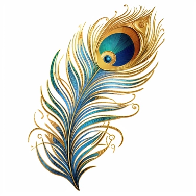 watercoor lack peacock feather with gold metalic detail clip art