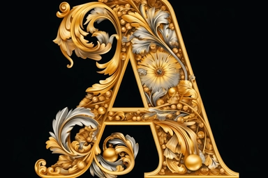 clipart white background Letter A gold ornated in the style of old books, Chapter beginning, baroque style, white background,