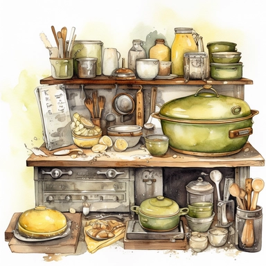 watercolor, hyper realistic, white background, white margins, 16k, ultra detailed clipart, cut out image, hand-drawn a vintage kitchen with a vintage gas stove, a set of vintage mixing bowls, and a collection of vintage utensils. The color theme could be earthy colors like olive green, mustard yellow, and deep brown.