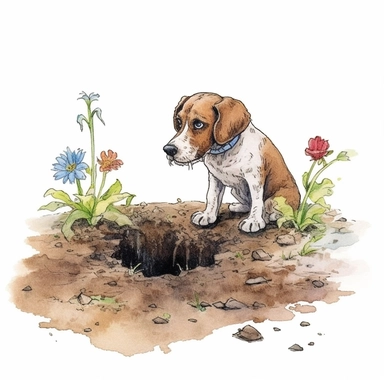 a dog digging a hole in a garden, broken flowers, clipart by Sarah Anderson, pure white background