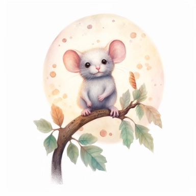ethereal mystic cute mouse, perched on a leaf, the moon in background, PNG image isolated on a white background, soft gouache style, clipart style, by Amanda Clarke and Laine Bachmann and Nicoletta Ceccoli