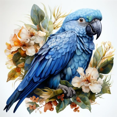hyperrealistic ultra detailed watercolor clipart, blue parrot with jungle flowers, white background, in the style of digital print, clipart, illustration, sticker, ultra high definition, rich details, 32K, HD