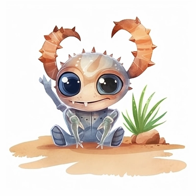 a baby scorpion with cute big eyes, happy smiling face, cute animal, adorable, playful atitude, adorable watercolor animal clipart with a few cactus and sand decor, no background, high quality
