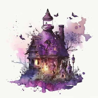 water colour, wizard house, mystical, magical, house, potionts, purple colours, candles, high definition, high quality, clip art,, white background.