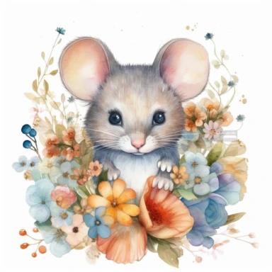 mouse and flower Watercolor Clipart Underwater World Watercolor Art Baby mouse Watercolor Cute Baby Animal Watercolor Clipart high quality, white background