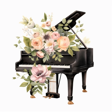 baby grand piano spring floral clipart, white background
