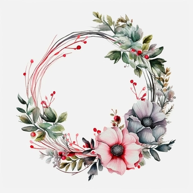 Springwood circle flower Christmas watercolor composition with twigs on a white background. wreath, frame, and border. Greeting card, poster, banner with space for text CUTE STICKER Frealistic cartoon in 32K UHD cute. 15 cm thick outline. Black color. There was no shadow on the ground. 8k with realistic watercolors and detailed illustrations. PNG clipart, transparent white background