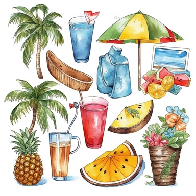 Watercolor summer and beach related items, illustrations clipart set, simple, , cartoon elements ,different variants , separate elements with a margin, net, cup, champoionship, 4k, high resolution