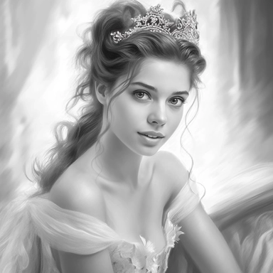 Ladies portrait mixed with colouring book details, white dress, studio light, blurred background, front view, photorealistic, hyper realism art, Face is focus, Sharp details, princess, hyper realism art, shutter speed, Face is focus, Sharp details, simple black and white clip art, Silhouette crisp line coloring page for adults, happy Fantasy Fairy girl on white elegant princess dress, surrounded by tropical flowers and animals,symmetrical head, center of frame, perfect detailed face portrait-fan