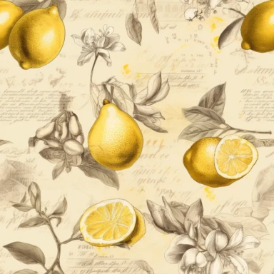 vintage lemon sketch, ephemera paper design with ornate illustrations, vintage, distressed textures, muted colors, craft paper texture, handwriting lines in background,pen and ink on paper with watercolor washes Watercolor, vector, white background, rice paper texture, clipart, Seamless patterns, repeating patterns design, flat illustration, outlined , Vector, 4K, Art station, highly detailed clean, detailed illustration, 3D vector art, cute and quirky, fantasy art, watercolor effect, bokeh, Ado