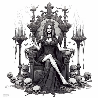 A dark and mysterious digital clipart illustration of a vampire queen sitting on a throne made of bones, wearing a black lace dress, surrounded by candles and skulls, with an intimidating expression on her face, Illustration, digital art, on white background