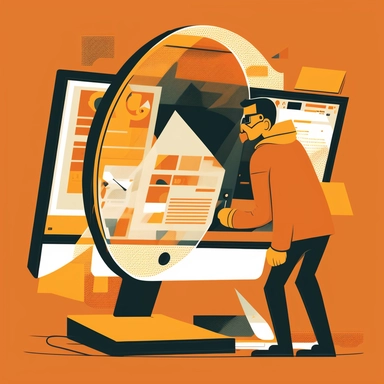 person with a magnifying glass protecting a computer screen with chat boxes, in the style of bold graphic illustrations, light orange and dark gold, color-blocked shapes, clear edge definition, weathercore, multi-layered figures, tagging and marking style, vector graphic, clipart