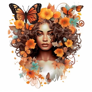 Black Angel Floral Clipart, Skin tone Amber color, curly hair, Hair Above Butterfly And some flowers , rainbow colors design clipart high resolution, white background