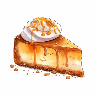 This highly detailed watercolor clipart portrays a delectable pumpkin cheesecake on a pristine white background. The artwork captures the essence of this seasonal dessert with remarkable precision and vibrant colors. The cheesecake is depicted with intricate brushstrokes, showcasing its creamy texture and rich pumpkin flavor. The crust, resembling a blend of graham crackers and spices, is rendered with delicate details. The pumpkin filling, a warm shade of orange, is depicted with depth and dime