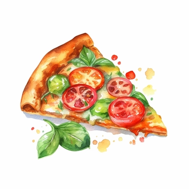 Tasty Pizza Slice Watercolor: A mouthwatering watercolor clipart featuring a delicious slice of pizza, topped with vibrant tomatoes, cheese, and basil. (Watercolor, no background)