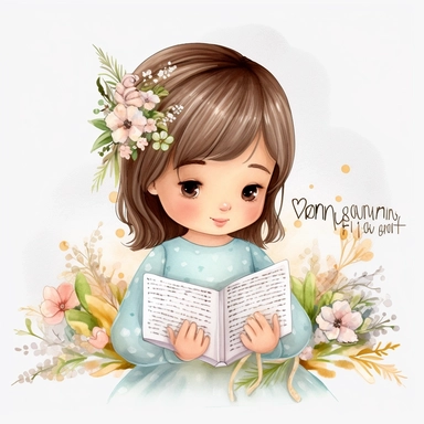 First Communion PNG Clipart, cute little girl with bible, colored pencil drawing, praying, side view, flowers
