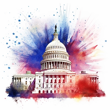 Visualize a patriotic clipart featuring the United States Capitol building illuminated with fireworks, standing proudly against a clean white backdrop, symbolizing the country's enduring strength and democracy on Independence Day.