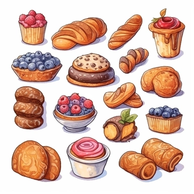 baked goods clipart set, color hand drawn illustration, isolated image white background