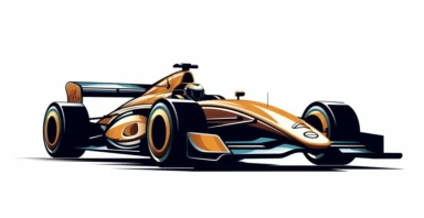 Contemporary vector clipart featuring a stylized indy car, represented by bold lines and abstract shapes, highlighting the car's distinctive design and speed, suitable for use in logos, icons, or racing-related infographics, on a clean white background