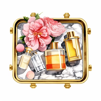 watercolor ultra realistic and hyper detailed illustration of a rectangle luxury gold and marble tray with perfume bottles on it, floral, clipart, white background
