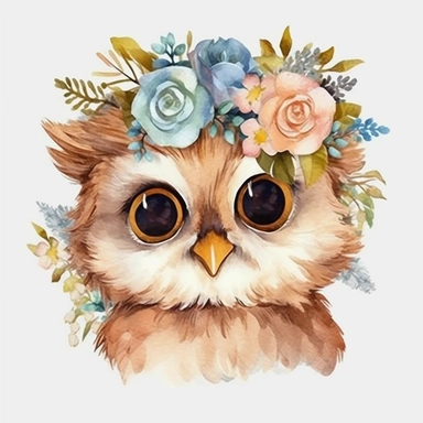 watercolor style, cute baby owl, smile, wear flower crown, white background, pixar style details Sublimation Clipart,hyper realistic, intricate detail, illustration style, isolated on white background for removing background