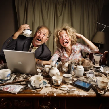 a married couple won against the odds now exhausted but happy and satisfied, old coffee mugs scattered around, multiple mobile phones on table that they are leaning on, laptops on table, sleepy, tired, messy, like the person has not slept and not washed all week, old food, amusing, satirical, coffee cup in the foreground, emphasis on the mobile phones on the table and the laptops