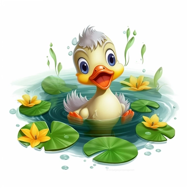 cute duckling with soft feathers, a bright beak, swimming in a calm pond, surrounded by lily pads, reeds, Fairytale Cartoon Art Style, Full Body Image and Appearance, 3D-Designed Character, in style of clipart with no background