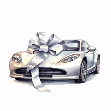 sport car with silver bow and ribbon as gift, wedding gift, white background, clipart, in the style of elegant realism, muted and subtle tones, detailed painting, transparency and lightness, crisp image