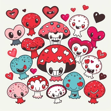 smiling cute evil mushrooms clip art, birthday, party, teeth, monster, grin, dancing, kissing, hearts, white, pink, red, black, intricate details, white background
