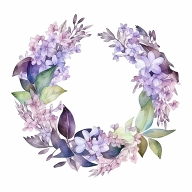 lilac flower wreath in white and purple color, lilac bush leaves, watercolor clipart, bright colors, isolated white background, 8k
