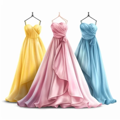 2d illustration of 3 prom dresses, fashion illustration, clipart, illustration, spagetti strap dress with ball gown petitcoat, pink, blue, white, yellow on mannequin, white background, 360dpi,