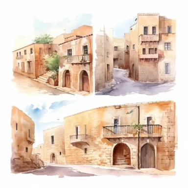 watercolor mardin town in turkiye, illustrations clipart set, simple, , cartoon elements ,different variants , historic stone houses,historic buildings, cobblestone lanes, tone facades of the buildings, Mardin's stone Alleyways separate elements with a margin