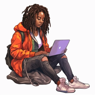 Black girl working on a laptop, cool hacker clothes, dreads, watercolor style, clipart solid white background