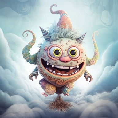Whimsical CUTE LITTLE MONSTER in the clouds, muted colors, swirls, twists, twirls, metallic, glitter, stylized, funny, centered, airbrushed, digital oil, detailed illustration, clip art, cartoon, 8k,-- ar 9:8