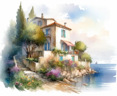 isolated on white illustration watercolor art of a elegant part of the sea embankment with small white houses and blooming trees with summer flowers, seaside, blue door, summer, Ionian architecture, masterpiece by Guido Borelli da Caluso style and by Vladimir Kush style and by Konstantin Makovsky style, PNG clipart, isolated on white, extreme photorealistic details, 32k HD resolution, realistic high detailization high resolution