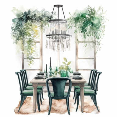 watercolor, hyper realistic, white background, white margins, 16k, ultra detailed clipart, cut out image, hand-drawn, whimsical a cozy dining room with a rectangular glass table and modern chairs, decorated with a sleek black vase and green foliage