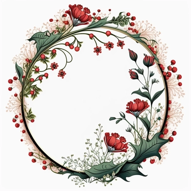 circle Botanical Frame, red flowers, white background, clipart, art nouveau