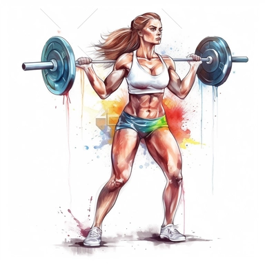 Detailed illustration of a beautiful young bodybuilding woman lifting barbell, long hair, showing abs, wearing shorts, full body, lean and muscular, clipart, colorful hand drawing, on a white background, unframed