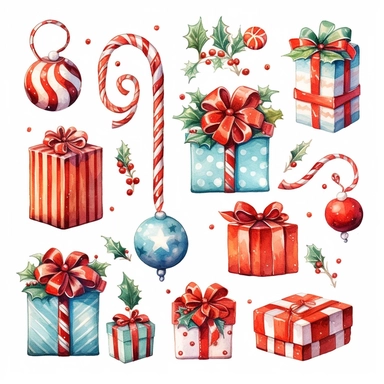 gouache illustration of cute Christmas ornaments, presents, snowflakes, candy canes, clipart sheet, white background, epic composition, octave rendering
