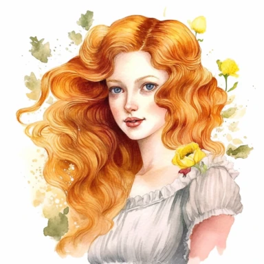jane austen era, regency era, redhead girl with wavy hair, yellow eyes and frekles, clipart watercolor, white background, highly detailed, photorealistic, high quality, light pastel colors, romantic, delicate, feminine, florals, lots of details, ligraphie