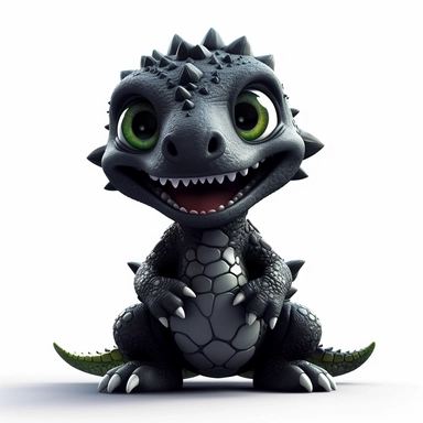 cute baby dinosaur, black, 3D, toy, clipart, fantasy art, white background, 8k resolution, super sharp