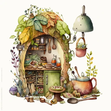 a hyper-detailed illustration watercolor clipart of a whimsical kitchen of a fairy house built out of natural materials by a human,complete kitchen utensil and kitchenware and foods in preparation watercolor illustration, illustration style a combination of Beatrix Potter and Tove Jansson,isolated on white background with margins, cut-out images