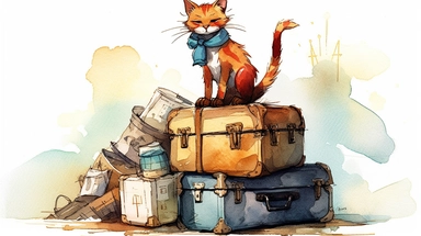 a very cute animated, disney illustration style, cat sitting proudly on a stack of vintage suitcases, looking off into the distance, watercolor by Thomas W. Schaller, clipart, solid background