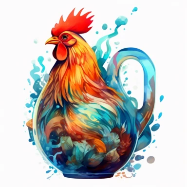 a 3d rooster living inside of a glass cider jug, water color clipart
