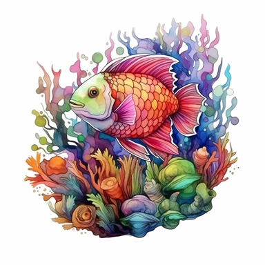 rainbow fish and coral illustration clipart, detailed, black outline, white background, 4k, watercolor, digital art