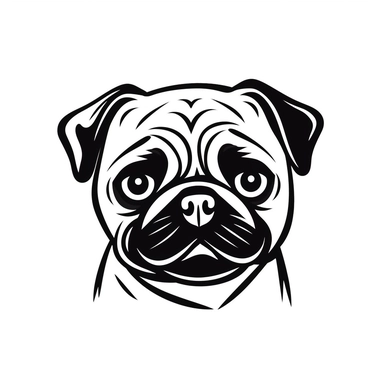 Simple outline of a front - facing crooked head happy Pug dog head peeking with front paws, cute clipart, flat 2d vector, minimalist, black and white, kids cartoon, svg cut file, line art drawing, white isolated background