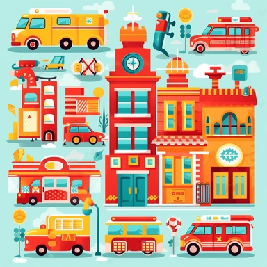 City, police station, hospital, fire department, ambulance, cars flat vector clipart, nursery decor, small child, cute, children room deco