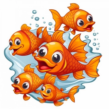 sticker clipart of many happy fishes smiling while swimming, white background