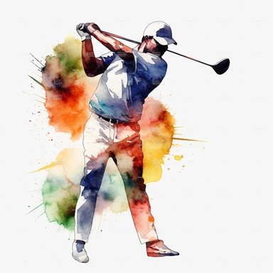 watercolor golfer on golf course swinging golf club clipart white background